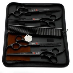 Groomtech Spring Black Pet Grooming Scissors Kit, Set Of 4 With Comb